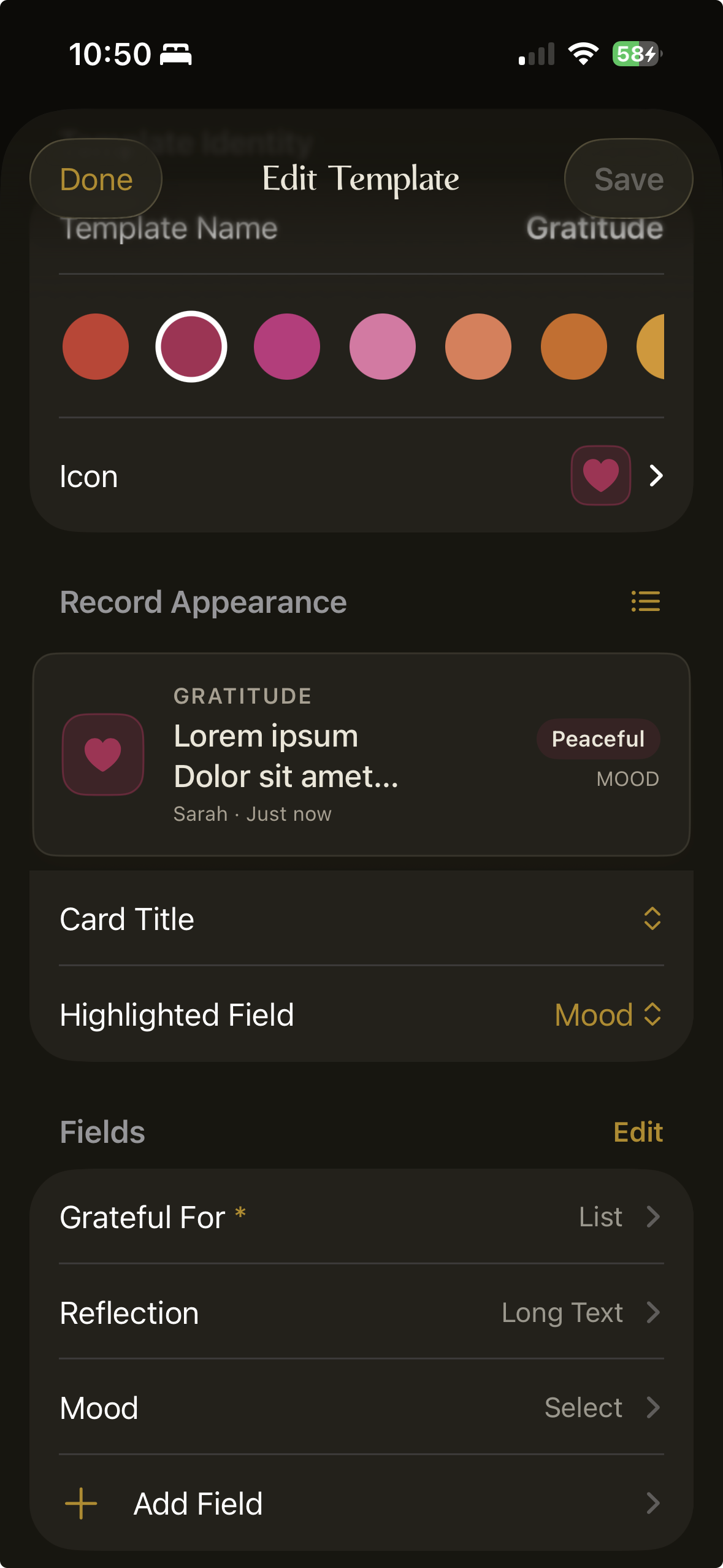 Editing a Gratitude template in Chronicle, choosing its icon, color, and fields