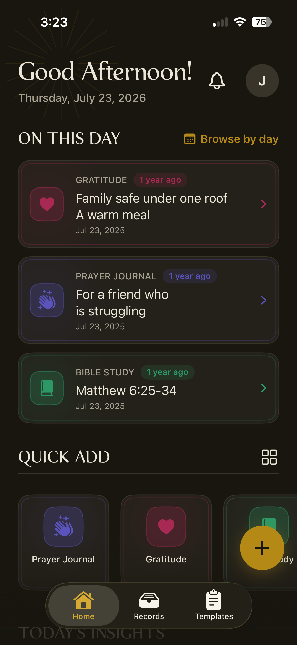 Chronicle's home screen on iPhone, showing On This Day memories and quick add shortcuts