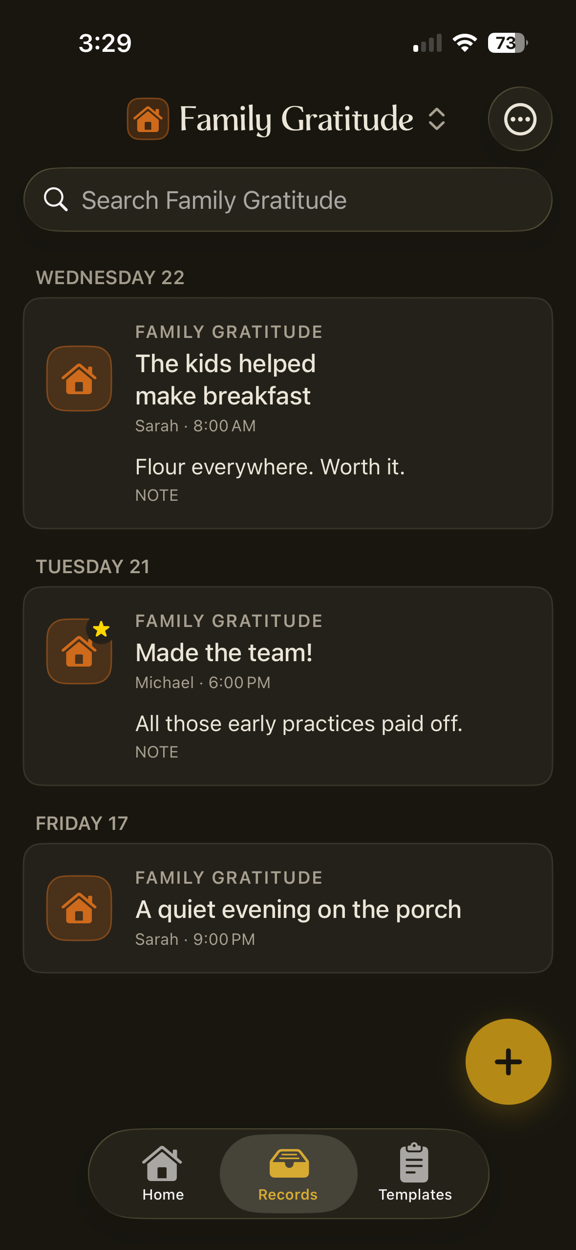 A shared Family Gratitude template in Chronicle with records added by different people